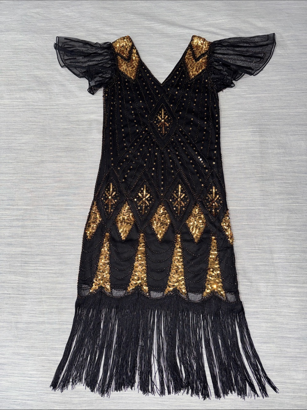 1920s Flapper Costume Dress Black Gold Sequin Fringe Great Gatsby Halloween Sz S